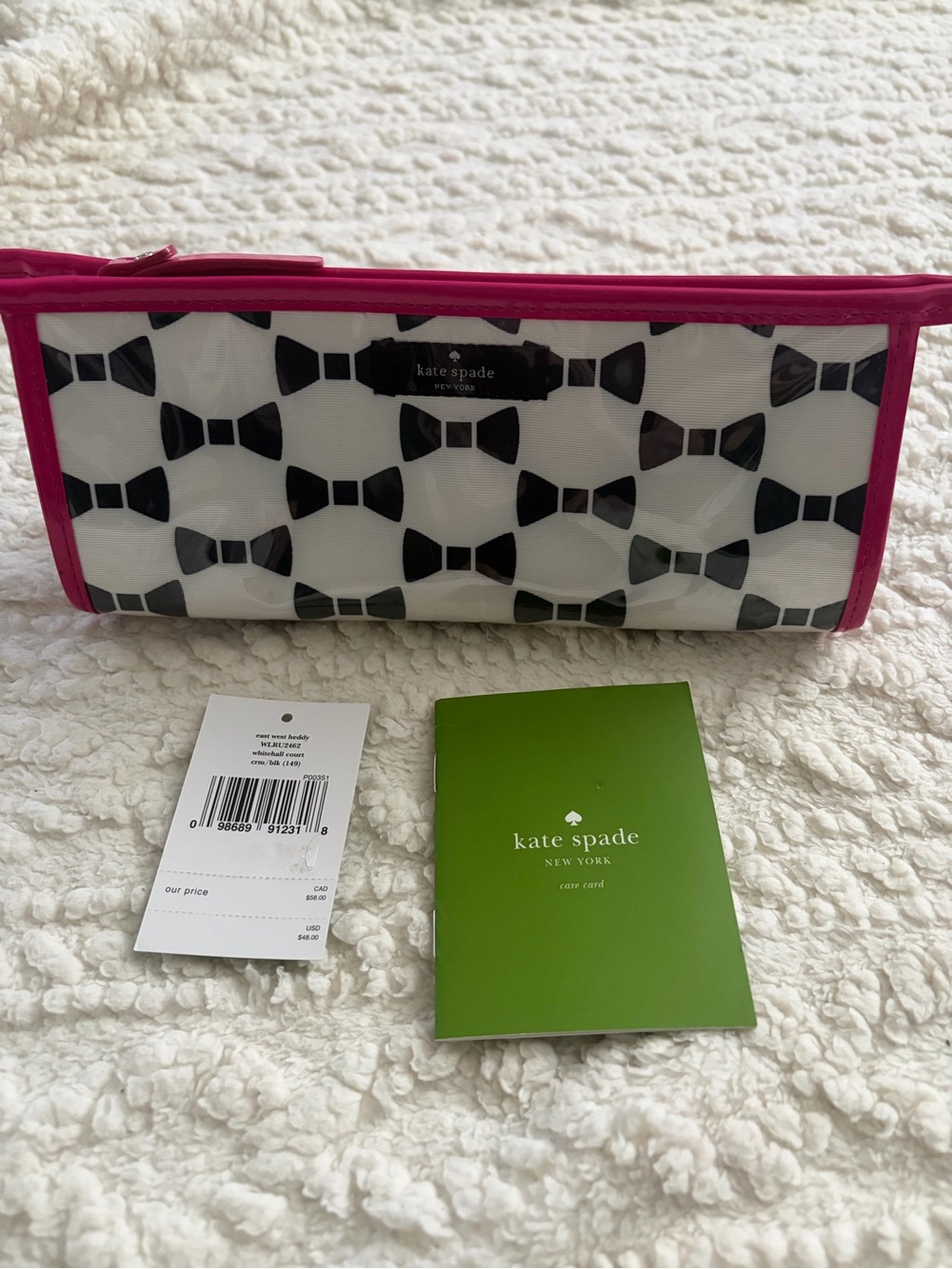 kate spade Black Bow Print Cosmetic Pouch with Hot Pink Trim